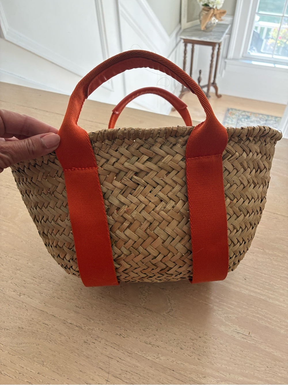 Zara Woven Straw Tote with Orange Handles